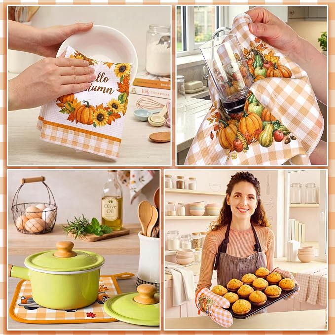 Fourluoo 10 Pieces Fall Thanksgiving Kitchen Decor Set Fall Pumpkin Towels Oven Mitts Pot Holders Rugs Farmhouse Rustic Kitchen Set for Chef Baking Cooking Grilling BBQ Women Mom Gift