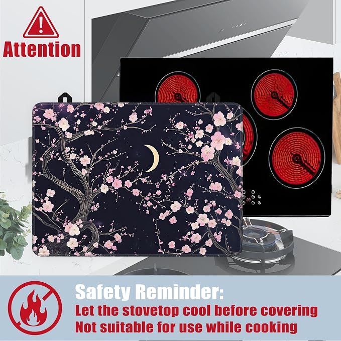 Electric Stove Top Cover,Pink Peach Blossom Stove Cover for Glass Top Electric Stove,Moon Night Heat Resistant Flat Top Stove Mat Countertop Protector, 28 x 20 Inch