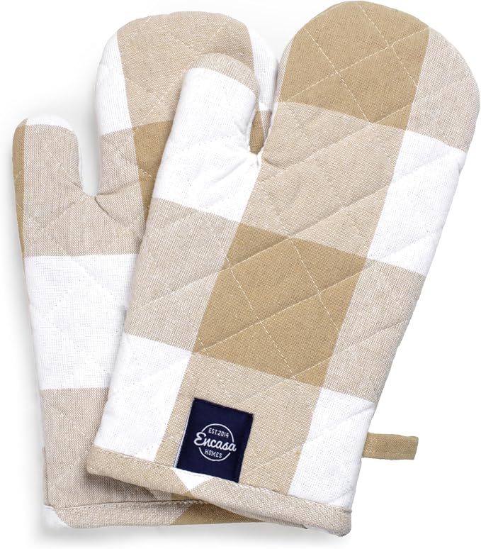 Encasa XO Oven Mitts, Heat Resistant Kitchen Gloves, Microwave | Buffalo Beige Checks, 100% Cotton | Diamond Quilted Insulation | Pot Holders | Hanging Loop | Barbecue & Grill | Set of 2