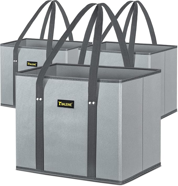 BALEINE 3PK Reusable Grocery Bags, Heavy Duty Shopping Tote Bag | 12'' Long Handles, Reinforced Bottom Keeps Upright, Fold Flat Storage, Water-Resistant Shopping Bag, Multiple Color Options