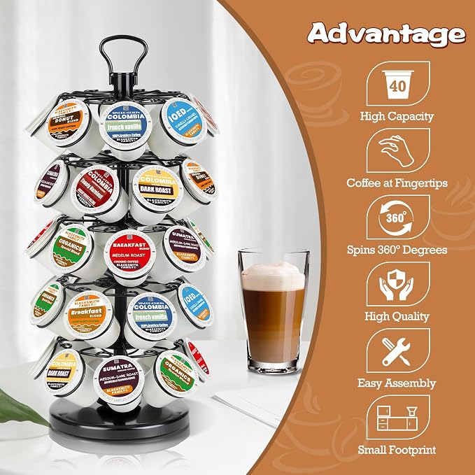 K Cup Holder, Coffee Pods Holder Storage Organizer Stand,40 Pods Capacity | K Cup Organizer,360°Rotating K Cup Carousel,Space-Saving for Countertop,Easy-Grip Top Handle,K Cups Holder Easy Assembly