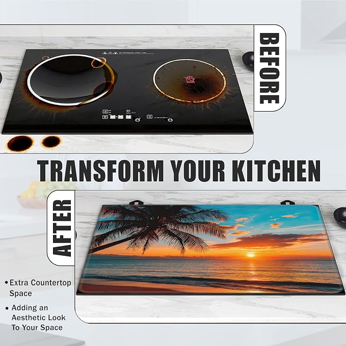 Stove Top Covers for Electric Stove,Summer Beach Sunset Flat Top Stove Cover,Coconut Tree Heat Resistant Glass Top Stove Cover Protector Anti-Slip Range Covers, 28 x 20 Inch