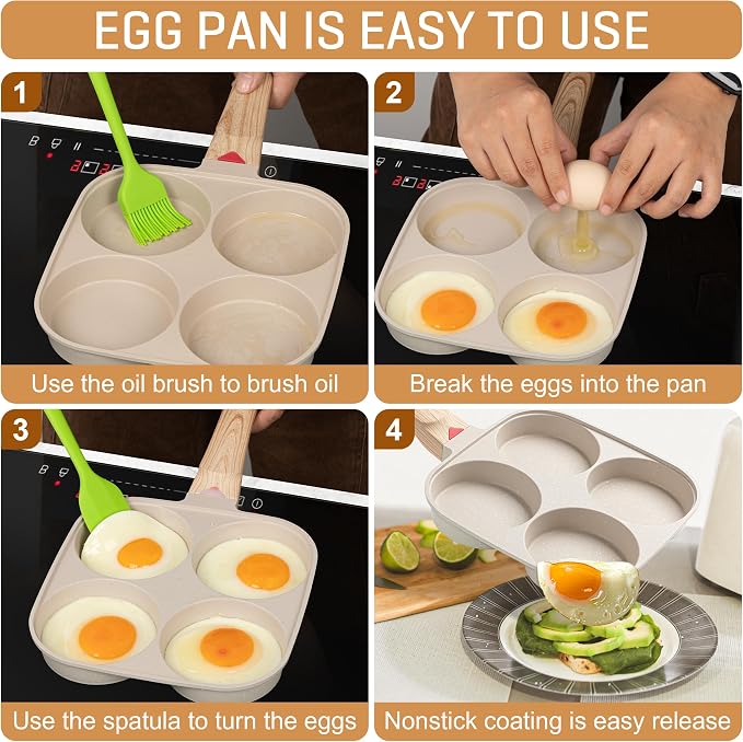 MyLifeUNIT Egg Frying Pan, 4-Cup Egg Pan Nonstick, Fried Egg Pan Skillet for Breakfast, Pancake, Hamburger, Sandwiches, Suitable for Gas Stove & Induction Cookware(White)