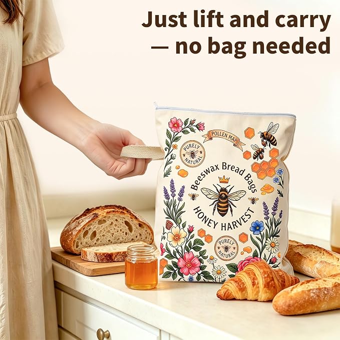 2 Pack Reusable Beeswax Bread Bags for Homemade Sourdough, 13"x17" Organic Linen & Cotton Bread Storage Bag with Zip Seal, Natural Beeswax Coating Keeps Bread Fresh Longer – Freezer Safe & Portable
