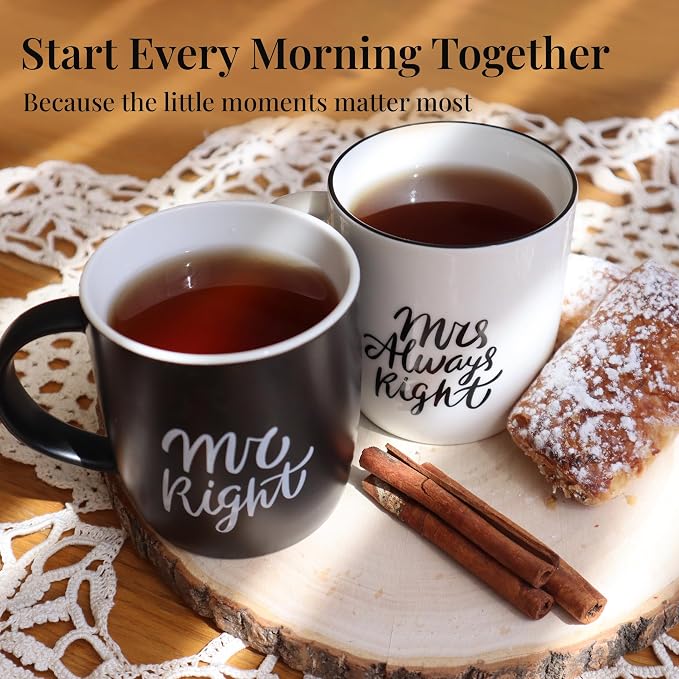 Triple Gifffted Mr Right and Mrs Always Right Coffee Mugs Gift Set, 13oz | Gifts for Couples, Wedding Anniversary, Engagement, Christmas, His & Hers, Bride and Groom, Parents, Newlyweds Bridal Shower