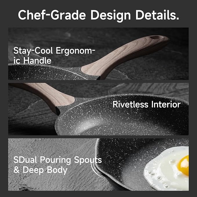 JEETEE 12.5 Inch Nonstick Frying Pan Skillet with Dual Spouts Cooking Pan | All Stove Compatible Easy-Clean, Even Heating, PFOA Free, Cool Ergonomic Handle, Large Non Stick Fry Pan for Steak Fish,Grey
