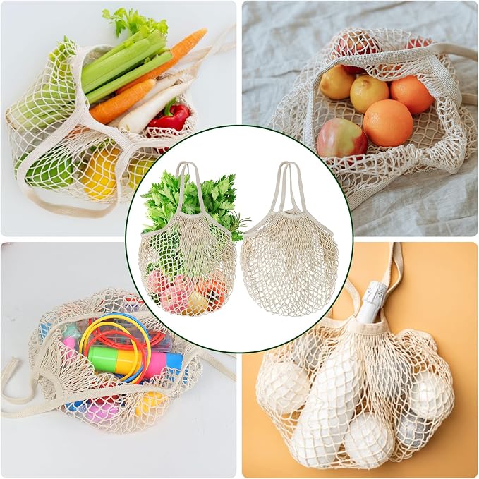 2-Pack Reusable Mesh Grocery Bags, 100% Cotton String, Long Handle Produce Bags, Fruit & Veggie Storage