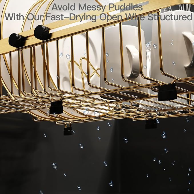 Gold Dish Drying Rack Over The Sink with Utensil Holder | Expandable Stainless Steel Dish Drainer for Small Kitchen, Apartment, RV, Counter Space Saving, Perfect Fit, Rustproof