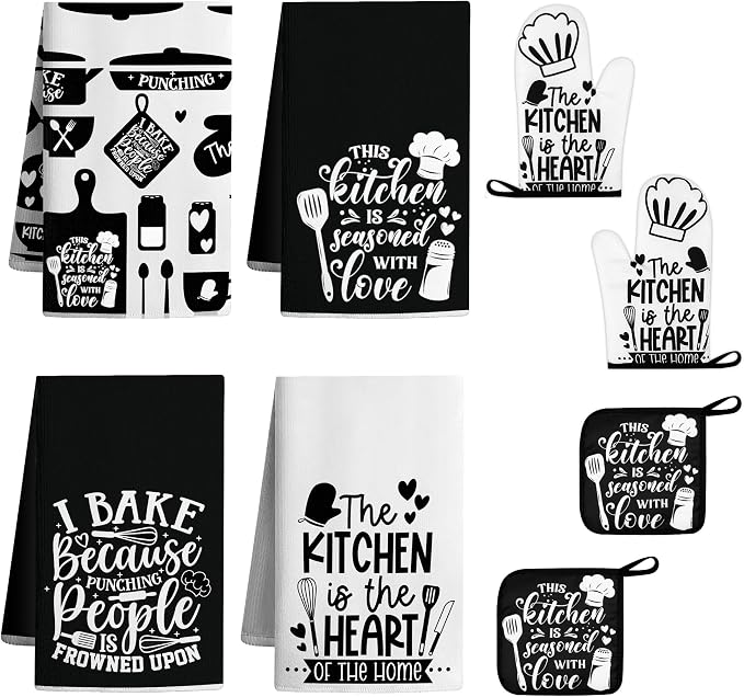 8 Pcs Farmhouse Kitchen Decor Accessories Set 4 Black White Kitchen Dish Towels 2 Oven Mitts 2 Pot Holders Kitchens Towels Pot Holders Oven Mitt Decor for Cooking Baking Housewarming