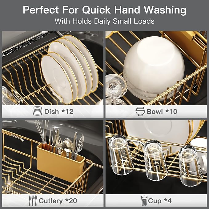 Gold Dish Drying Rack Over The Sink with Utensil Holder, Mat | Expandable Stainless Steel Dish Drainer for Small Kitchen, Apartment, RV, Counter Space Saving, Perfect Fit, Rustproof