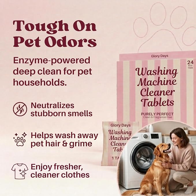 Glory Days Washing Machine Cleaner Tablets – Pet Hair Remover, Odor Eliminator & Descaler – Septic Safe, Plant-Based Formula for HE, Front Load & Top Load Washers – 12 Tablets, 6 Month Supply