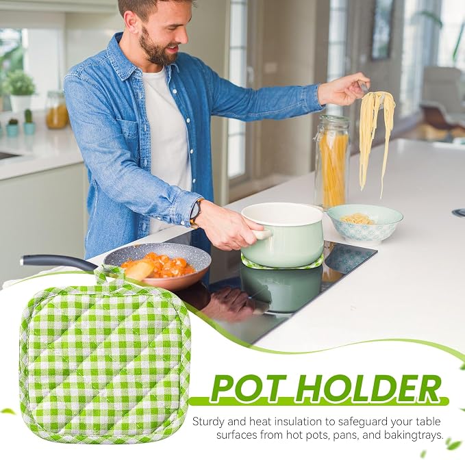 4pcs Pot Holders for Kitchen, Cotton Kitchen Hot Pads, Heat Resistant Oven Mitts and Pot Holders Sets (Green Tartan)