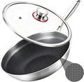 LOLYKITCH 12 Inch Hybrid Nonstick Wok with Lid | Ceramic Coating | Honeycomb Stainless Steel Wok Pan | Oven & Dishwasher Safe | Flat Bottom Wok for Electric & Induction Cooktop | Long Handle