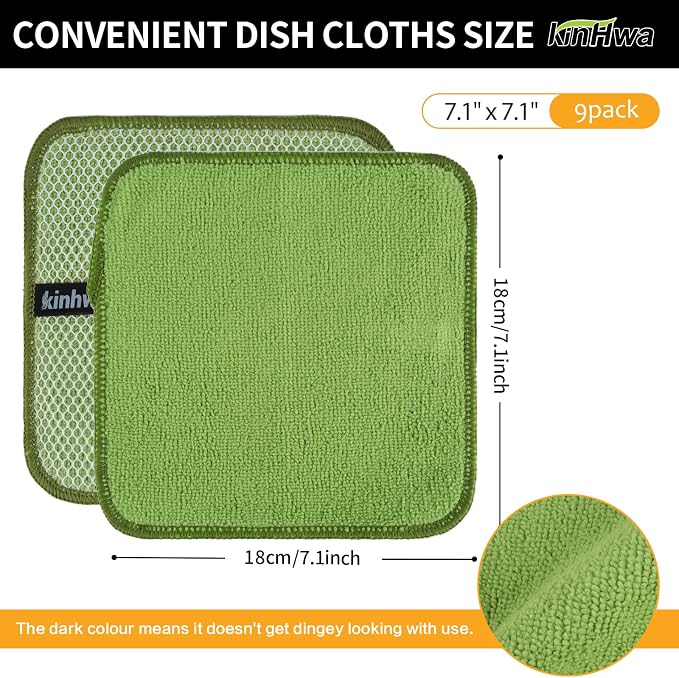 Dish Cloths for Washing Dishes with Scrub Side, Microfiber Dish Rags | Dual-sided microfiber dish cloths with scrubber for stuck-on food, quick dry kitchen washcloths 9 Pack, 7" x 7 Inch Green