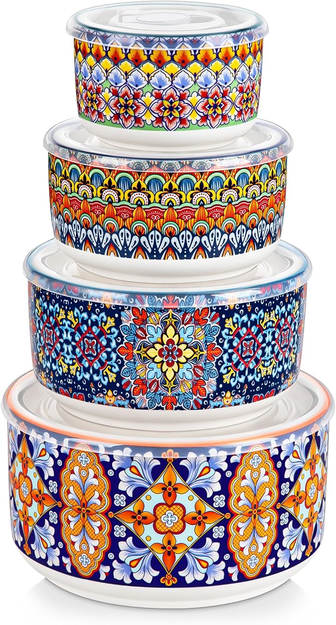 vancasso SIMI Serving Bowls with Lids, Ceramic Mixing Bowls Set of 4, Boho | Nesting Bowls for Food Storage, Prep, Stackable Bohemian Bowls, Dishwasher & Microwave Safe Gift Set, 60/36/20/10 OZ
