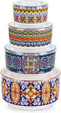 vancasso SIMI Serving Bowls with Lids, Ceramic Mixing Bowls Set of 4, Boho | Nesting Bowls for Food Storage, Prep, Stackable Bohemian Bowls, Dishwasher & Microwave Safe Gift Set, 60/36/20/10 OZ