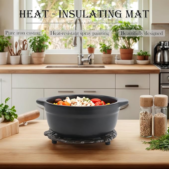 Cast Iron Trivet, 7.28 inch Metal Trivet for Hot Dishes, Heat-Resistant Decorative Trivets to Protect Dining Countertop or Kitchen Decoration with 2 Silicone Mini Pinch Mitts