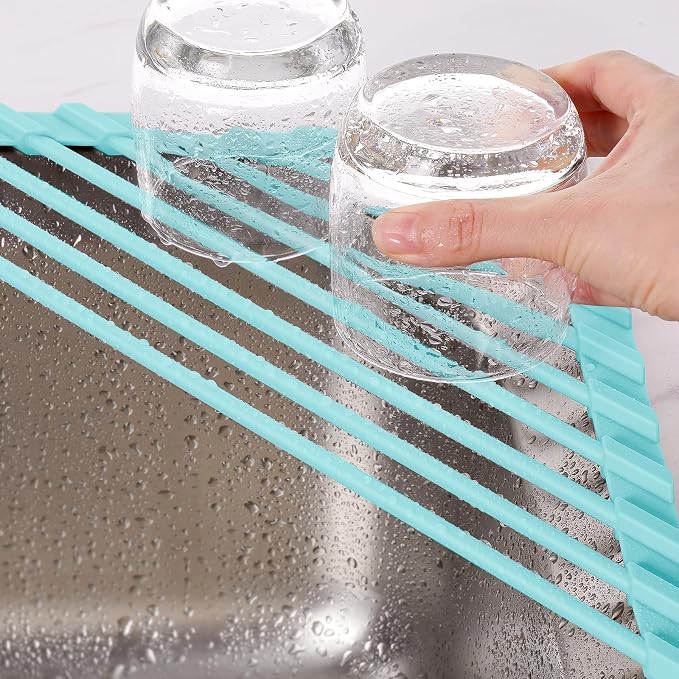Tomorotec Roll Up Dish Drying Rack with Silicone Coating, Mint Green | 304 Stainless Steel with BPA-Free Silicone, Triangle Design Maximizes Sink Corner Space, Fits Compact Kitchens And RVs