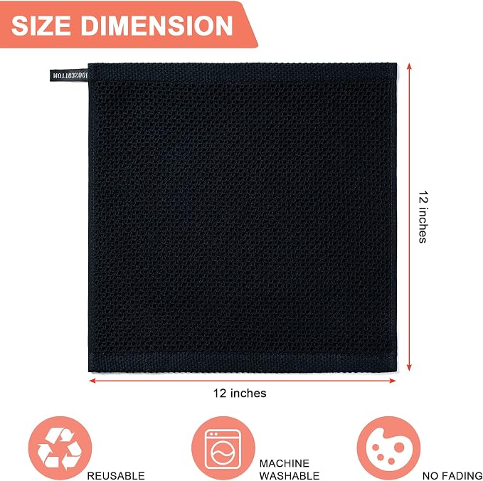 Kitchen Towels 6-Pack Kitchen Dish Cloths,100% Cotton,12x12 In,Black | Towels Waffle Weave,Ultra Soft Absorbent, Quick Drying