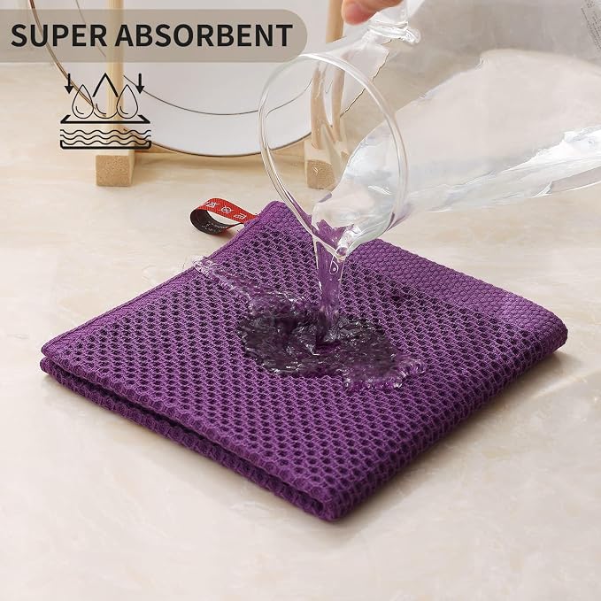Kitinjoy 100% Cotton Kitchen Dish Cloths, 6 Pack Waffle Weave Ultra Soft Absorbent Dish Towels for Drying Dishes Quick Drying Kitchen Towels Dish Rags, 12 X 12 Inches, Violet | Ultra Absorbent, Super Soft, lightweight, Quick Drying Dish Rags for Washin...
