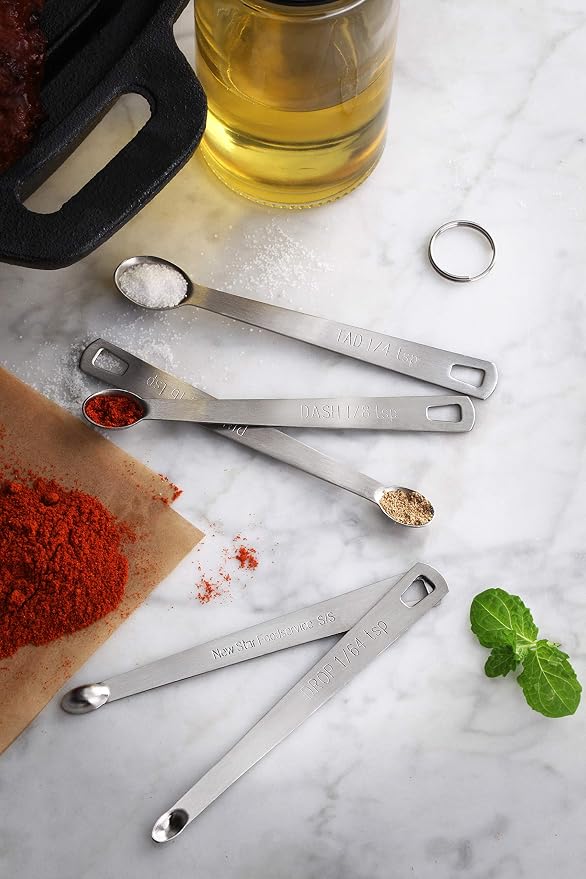 New Star Foodservice 42924 Stainless Steel Mini Measuring Spoons Set, 5-Piece Small Metal Measuring Spoon Set for Spices, Baking, Cooking, Dash, Pinch, Smidgen, Drop, Tad, Silver