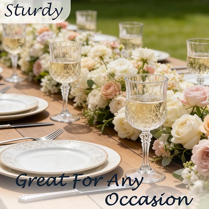 48Pack Plastic Wine Glasses, 7oz Vintage Goblets for Wedding | Unbreakable Crystal Style Reusable Stemware, Elegant Clear Drinking Glass for Party Anniversary & Holiday Celebration
