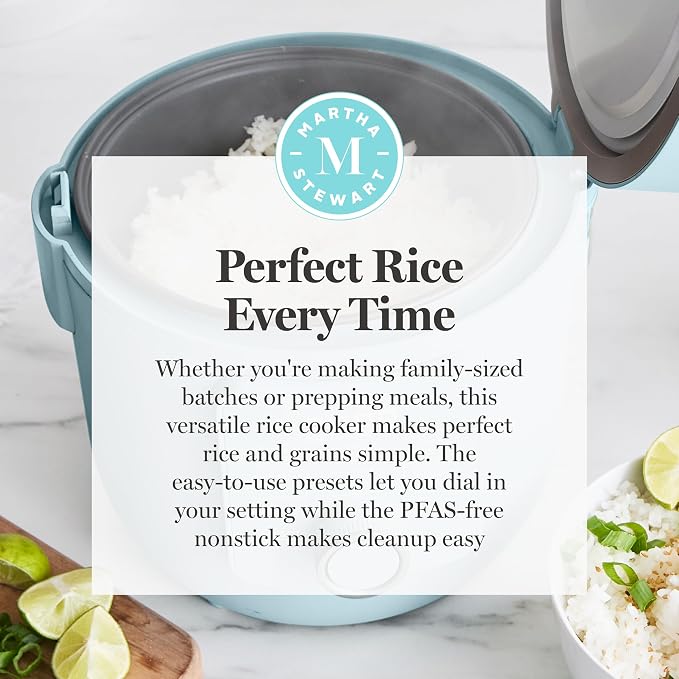 Martha Stewart 8 Cup Cooked (4 Cup Uncooked) Rice Cooker & Steamer, Blue | PFAS-Free Ceramic Nonstick Removable Pot, 9 Modes, Keep Warm, Steamer, White & Brown Rice, Quinoa, Grains, Oats, Easy Clean