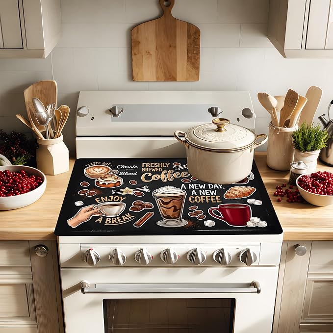 Coffee Stove Top Cover 28.3 x 20.5 Inch, Vintage Coffee Cup Glass Cooktop Protector Mat, Latte and Cold Brew Electric Range Cover for Kitchen Counter Coffee Bar Decor(Classic snacks)