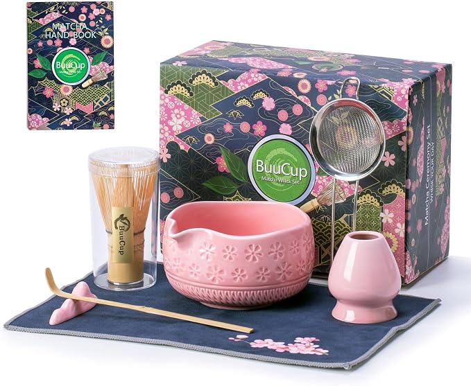 Buucup Matcha Whisk Set, Ceramic Matcha Kit with Bowl & Tools, Pink | 7-piece set includes ceramic bowl, bamboo whisk, scoop, holder, rest, sifter and tea towel for easy matcha making at home.