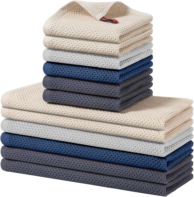 Homaxy 12 Pack 100% Cotton Kitchen Towels and Dishcloths Set, Assorted | 12 x 12 Inches and 13 x 28 Inches Kitchen Towels Set, Ultra Soft Absorbent Dish Cloths for Washing Dishes