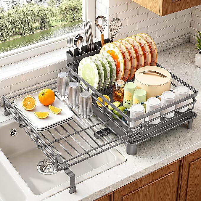 SAYZH Expandable Dish Drying Rack for Kitchen Counter, Metal, Grey | Foldable Over Sink, Large Capacity, Rust-Resistant, Adjustable for Most Sinks, Automatic Drainage, Removable Utensil Holder