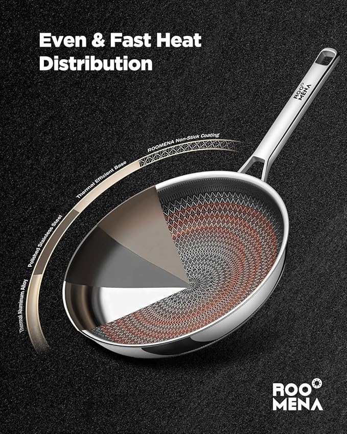 Roomena Non Stick Frying Pans Hybrid Ceramic With Lid, 12 Inch Tri-Ply Stainless Steel Skillet, Non-Toxic, PFAS/PFOA/PTFE Free, Metal Utensil Safe, Dishwasher & Oven Safe,Upgraded Design