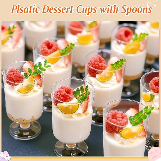 mwellewm 120 Pcs Dessert Cups with Spoons 60 Pcs 4 OZ Mini Clear Plastic Dessert Parfait Cup 60 Pc Spoons for Party Small Round Serving Goblet Wine Shot Disposable Mousse Pudding Appetizer Bowl