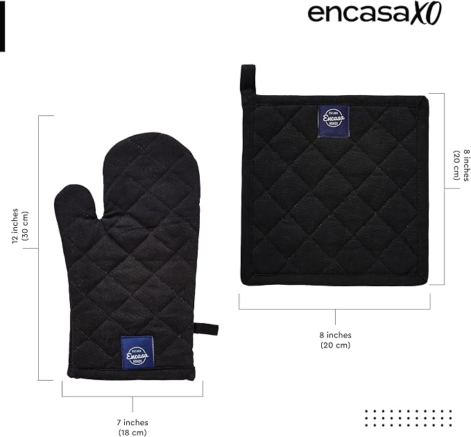 Encasa XO Oven Mitts and Pot Holders Set, Heat Resistant Cotton | Full Black, Diamond Quilted | Non-Slip Grip | Microwave & Oven Safe | Hanging Loop | Machine Washable | Set of 2