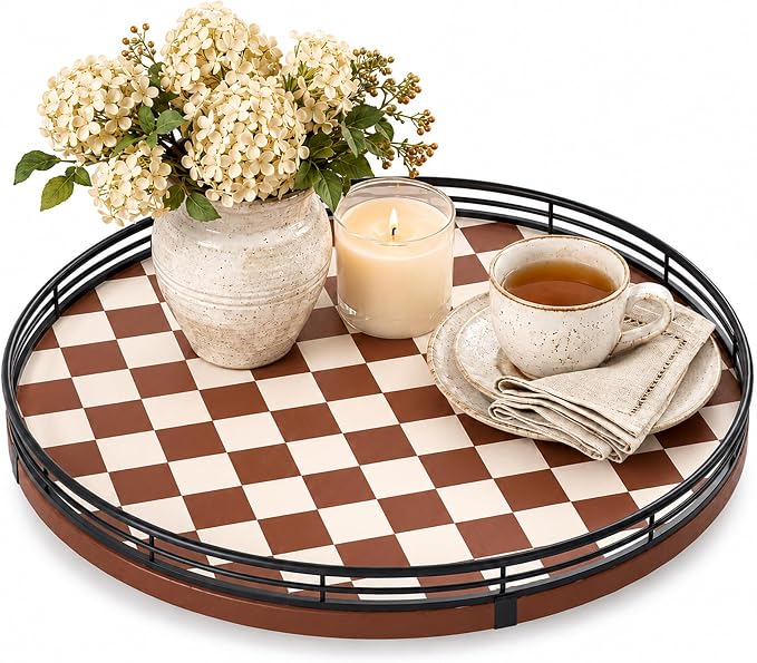 AMH 13-Inch Brown White Checkerboard Lazy Susan with Black Metal Rail | Smooth rotating oak tray with walnut finish for dining tables, kitchen counters, pantries and cabinet storage.