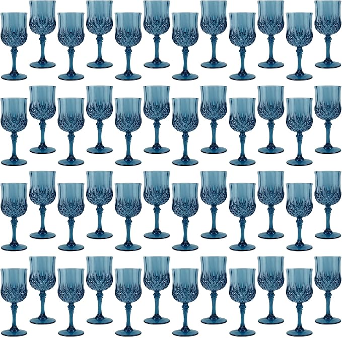 48Pack Plastic Wine Glasses, 7oz Vintage Goblets for Wedding | Unbreakable Crystal Style Reusable Stemware, Elegant Navy Blue Drinking Glass for Party Anniversary & Holiday Celebration