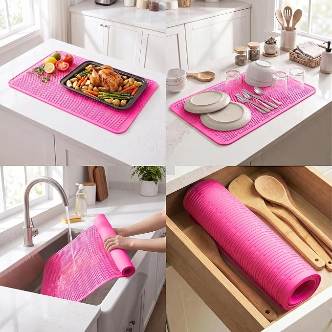 MicoYang Silicone Dish Drying Mat for Multiple Usage,Easy clean,Eco-friendly,Heat-resistant Silicone Mat for Kitchen Counter or Sink,Refrigerator or Drawer Liner Rose 4XL 32 inches x 18 inches