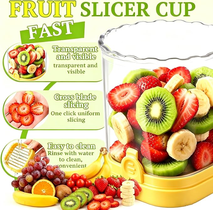 Hendiy Strawberry Slicer with Stainless Steel Blades | Egg & Fruit Slicer Cup for Banana, Cucumber, Mushroom | ABS Detachable Kitchen Gadget - Precision Berry Cutter Tool (Yellow, 1-Pack)