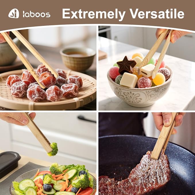 Magnetic Bamboo Toaster Tongs (Set of 2), 10.2-Inch Extra-Long Kitchen Tongs with Rebound-Construct & Anti-Slip Grip, Ideal for Cooking, BBQ, Serving - by LABOOS