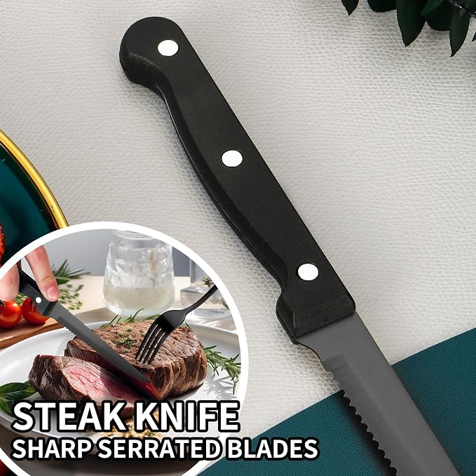 48-Piece Black Silverware Set with Steak Knives Black Stainless Steel Flatware Set for 8 Food Grade Tableware Cutlery Set Rust-proof, Mirror Polished, Dishwasher Safe