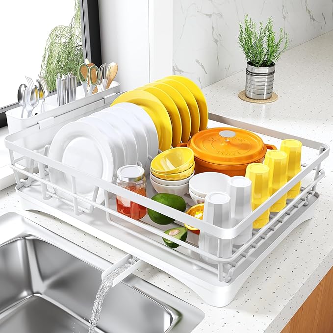 SNTD Dish Drying Rack for Kitchen Counter, 11.8" W x 16.7" L, White | Rustproof Stainless Steel, Large Capacity, Self-Draining Drainboard, Rotating Spout, Removable Utensil Holder