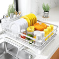 SNTD Dish Drying Rack for Kitchen Counter, 11.8" W x 16.7" L, White | Rustproof Stainless Steel, Large Capacity, Self-Draining Drainboard, Rotating Spout, Removable Utensil Holder