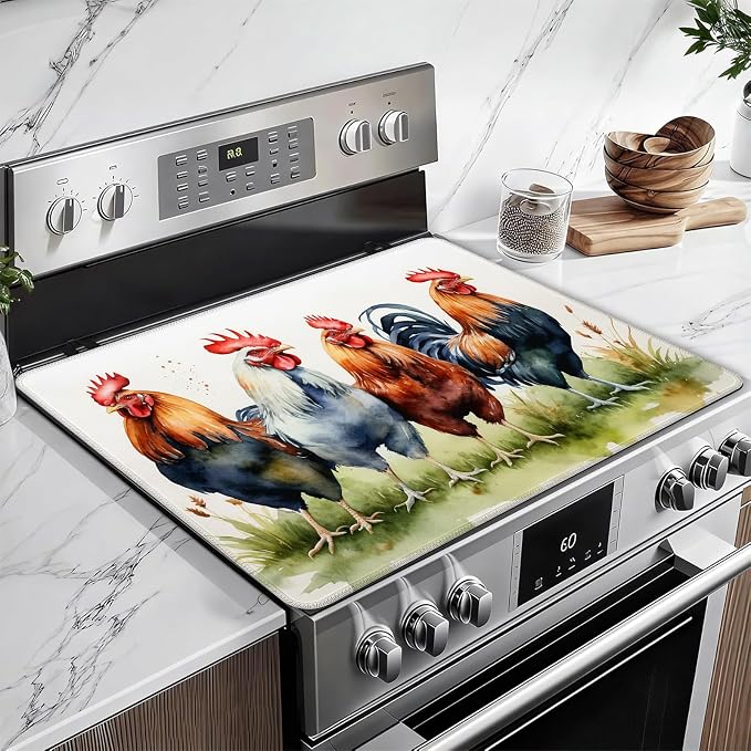 Rustic Rooster Stove Top Covers for Electric Stove,Farmhouse Electric Gas Stove Pad Heat Resistant Range Cooktop Protector for Home Decor Kitchen 28"x20"
