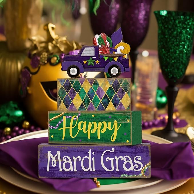 Lineshading 4 Pcs Mardi Gras Tiered Tray Decor Wooden Blocks, Truck | Rustic Farmhouse Block Signs with Purple Green Gold, Happy Text and Fleur-de-lis, Stacked Table Centerpiece for Parties