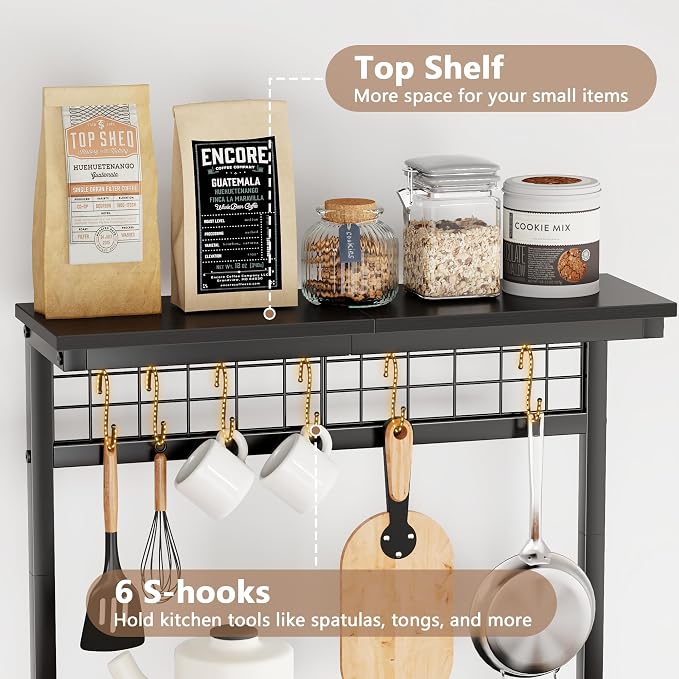 Furologee Kitchen Bakers Rack with Power Outlet, Microwave Oven Stand with Storage 4 Tiers, Coffee Bar Table with 6 S Hooks, Kitchen Storage Shelf Rack for Spices, Pots,Black
