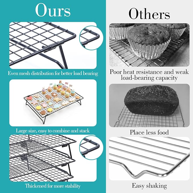 Kifmurase 4PCS Stackable Cooling Rack for Baking, 13.3 x 9.3 Inch Carbon Steel Wire Rack with Folding Legs for Cookie Cake Pizza Jerky, Multi-Use Bread Oven Racks for Cooking Roasting Drying Grilling