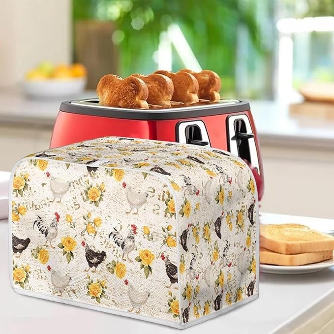 Flowers Rooster Printed Toaster Cover 4 Slice Long Slot, Vintage Bread Maker Cover Washable Dust Protection Kitchen Small Appliance Covers with Top Hook