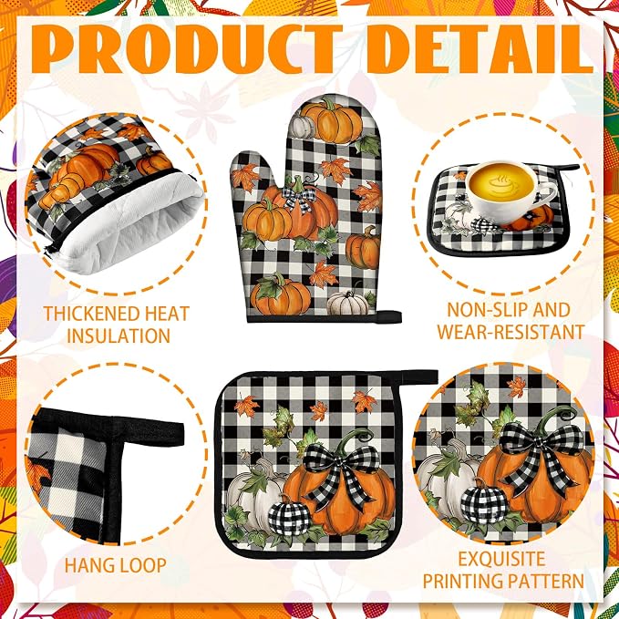 Fanfanwin 10 Pcs Fall Pumpkin Kitchen Decor and Accessories Set Pumpkin Kitchen Rugs Towels Pot Holders Oven Mitts Set for Autumn Baking Cooking BBQ Gift