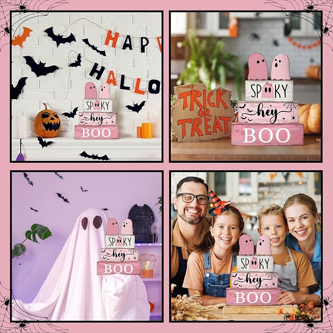 Lineshading 4 Pcs Pink Halloween Tiered Tray Decor, Wooden Ghost Signs | Cute Farmhouse Tabletop Decorations, Rustic Wood Blocks with SPOOKY BOO Text, Pink Aesthetic Centerpiece for Party Display