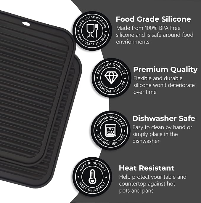Silicone Trivets for Hot Dishes, Pots, Pans (2 Pack) - Heat-Resistant Pot Holders for Kitchen Countertop Mats - Silicone Trivet Mat (9 x 12 Inch) - Multipurpose Counter Pads (Black)